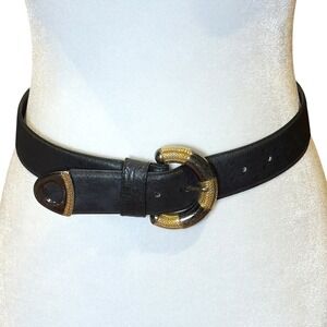 Vtg Comeco Leather Belt Black Gold Bronze Buckle S/M Statement 80s Neoclassical